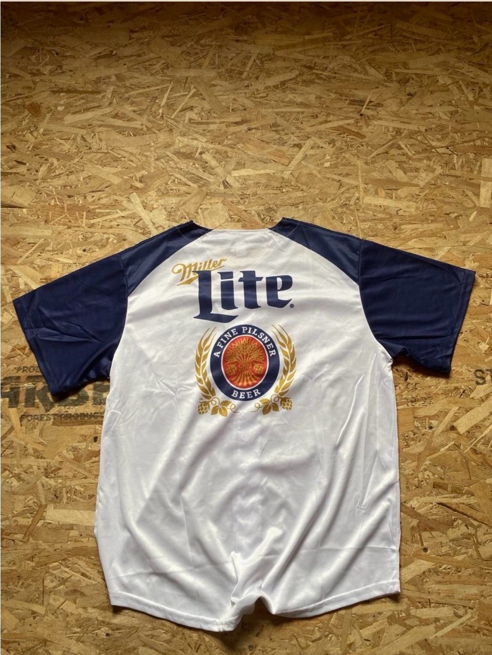 Miller Lite Men's Casual Raglan Button-Down Shirt in White and Navy